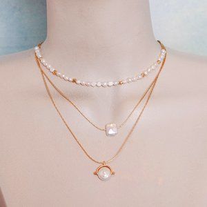 Lucky Brand 3-Tier Gold Chain, Beaded and Faux Pearl Necklace